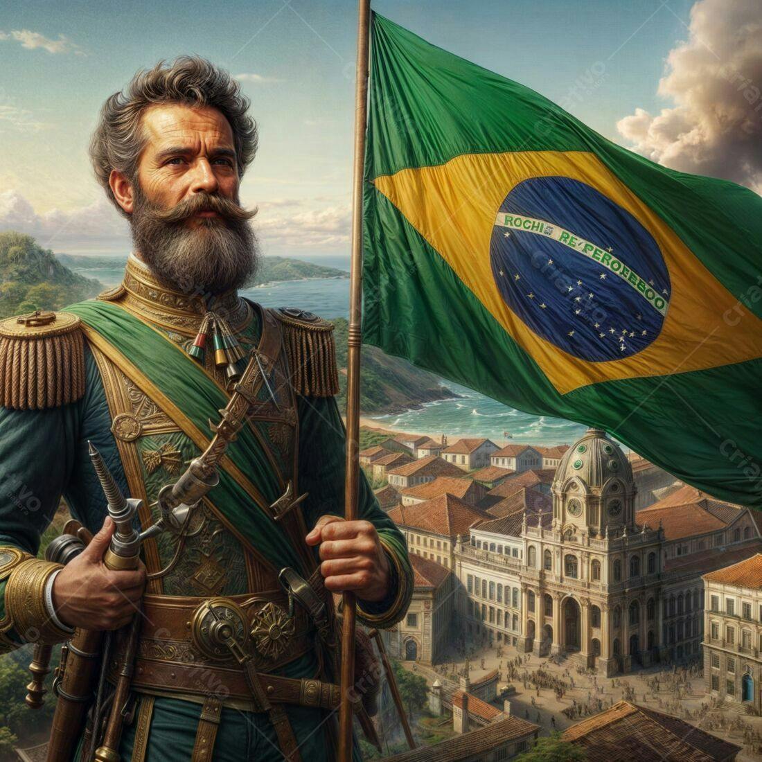 General com Bandeira Brasileira em Cenário Histórico