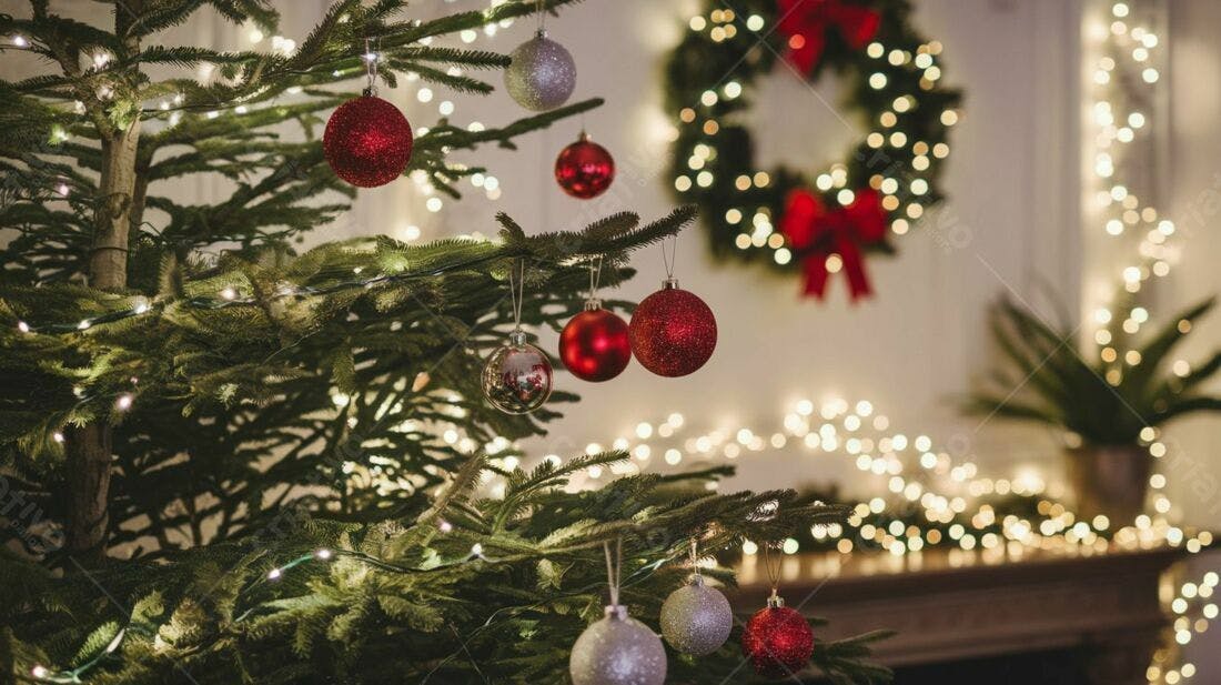 Árvore de Natal decorada com luzes e bolas vermelhas