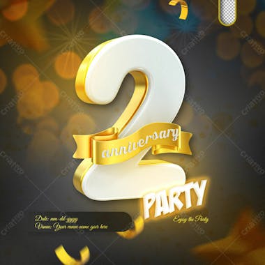 3D Render 2Nd Anniversary Celebration Template And 3D Object For Composition