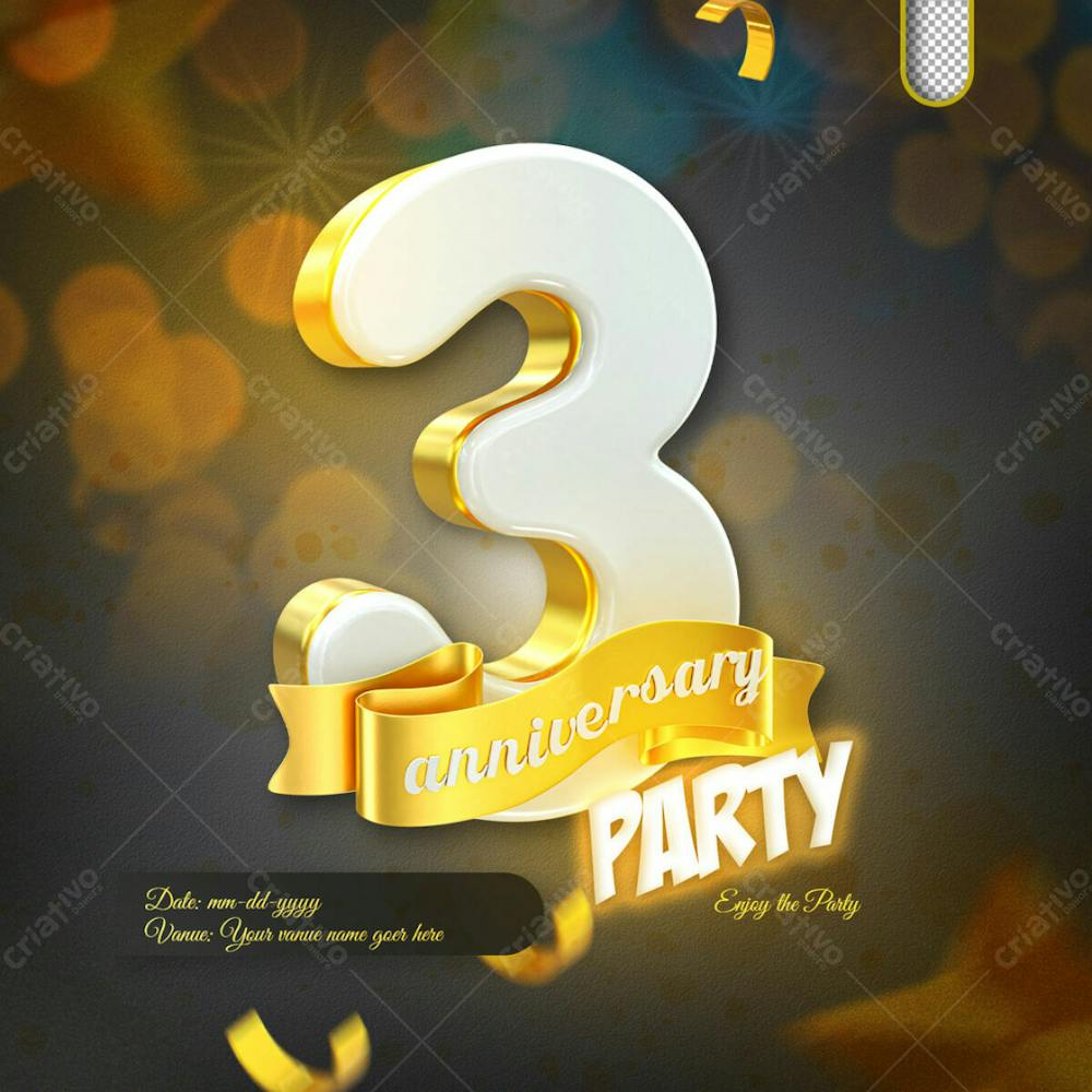 3D Render 3Rd Anniversary Celebration Template And 3D Object For Composition