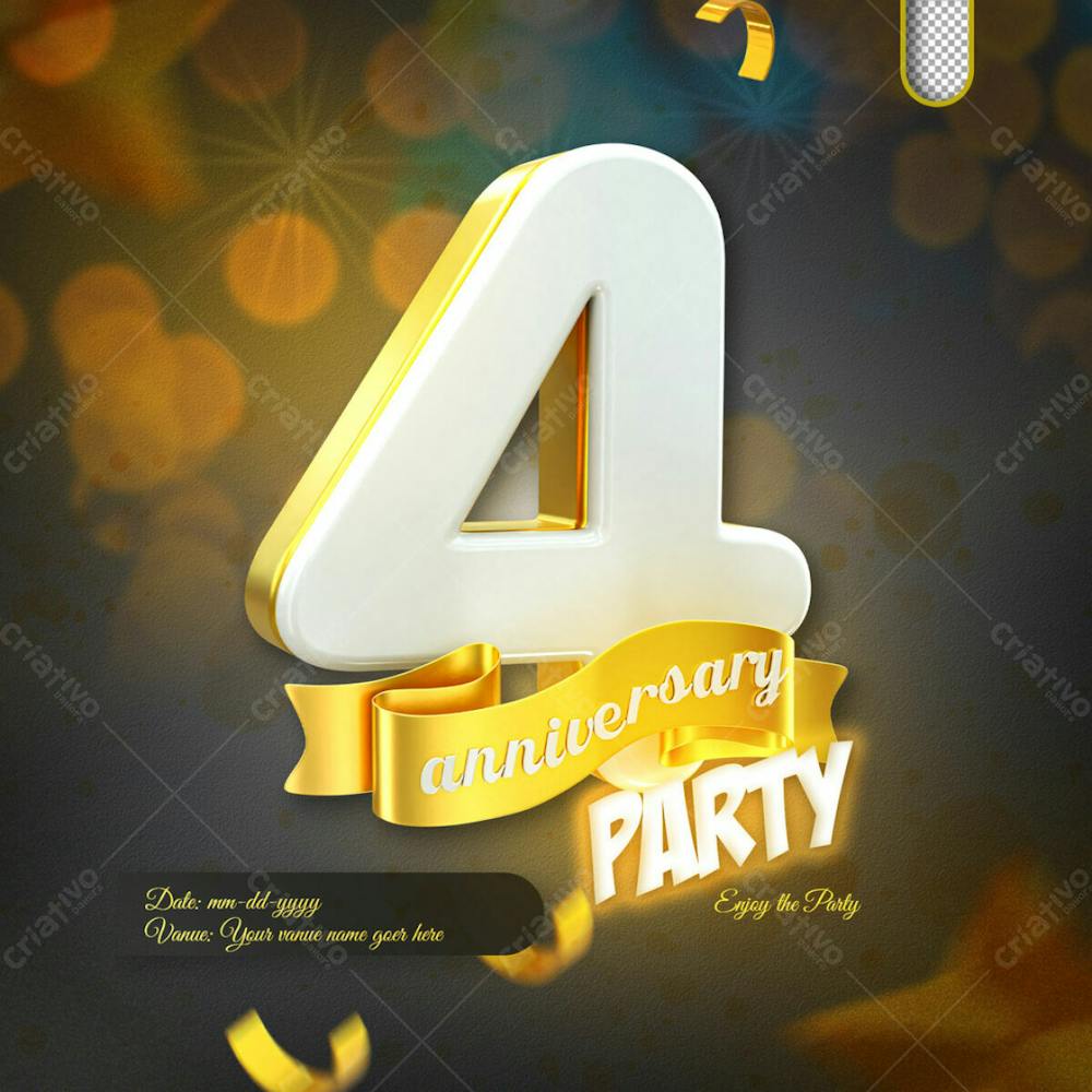 3D Render 4Th Anniversary Celebration Template And 3D Object For Composition