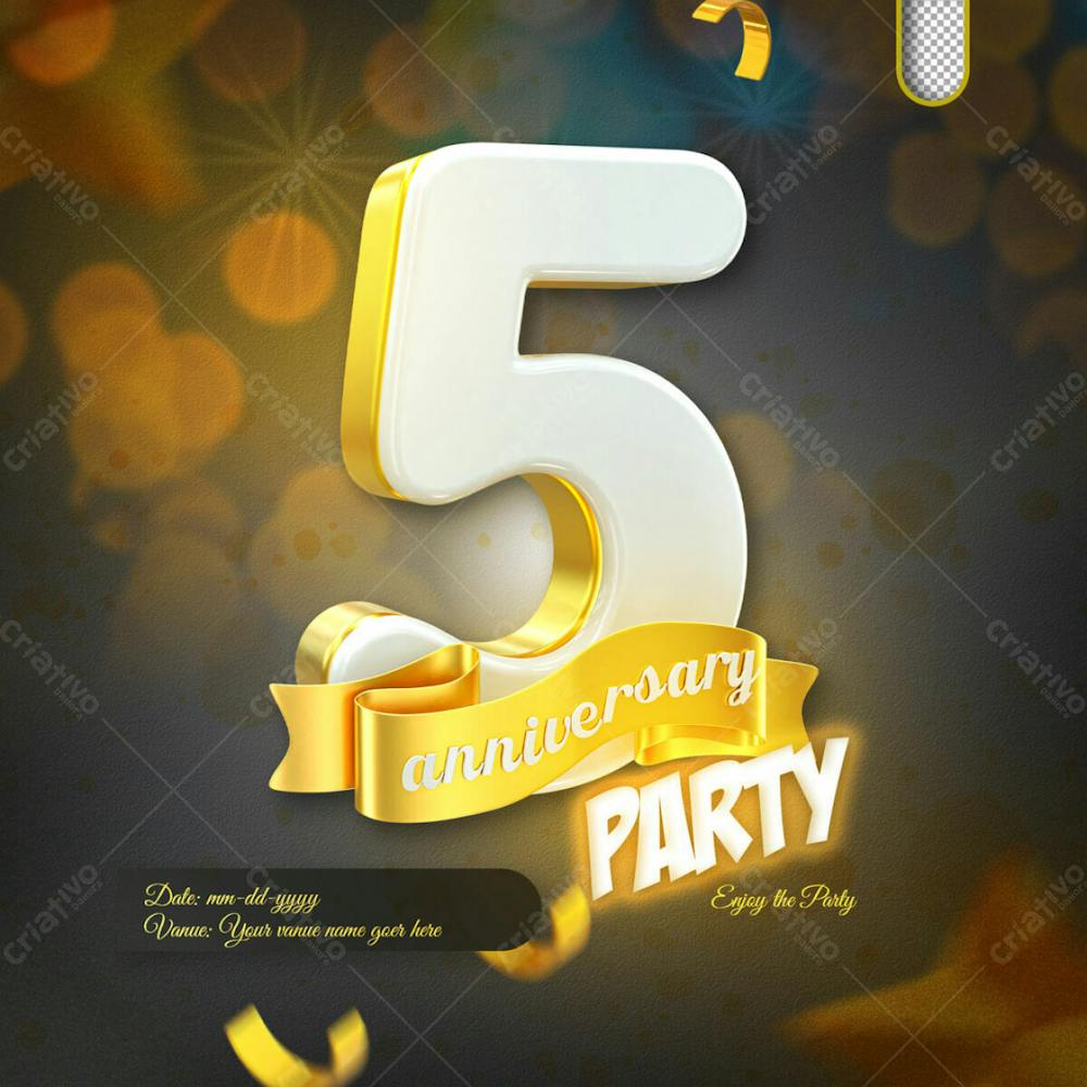 3D Render 5Th Anniversary Celebration Template And 3D Object For Composition