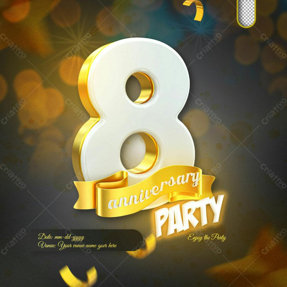 3D Render 8Th Anniversary Celebration Template And 3D Object For Composition