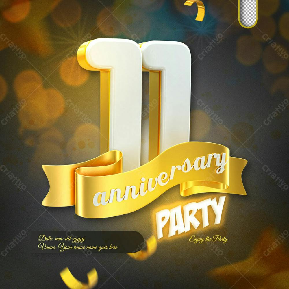 3D Render 11Th Anniversary Celebration Template And 3D Object For Composition