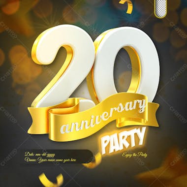 3D Render 20Th Anniversary Celebration Template And 3D Object For Composition