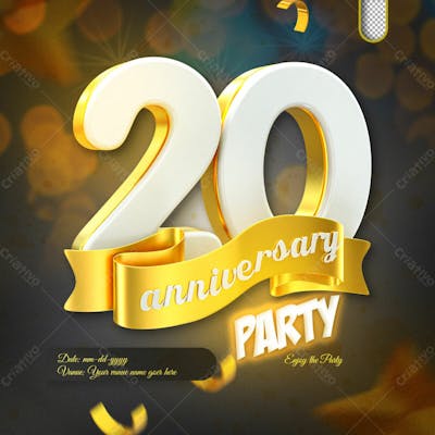 3D Render 20Th Anniversary Celebration Template And 3D Object For Composition