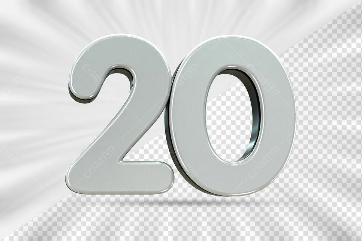 Números 3D Prata para Aniversário de 20 Anos PSD Editável