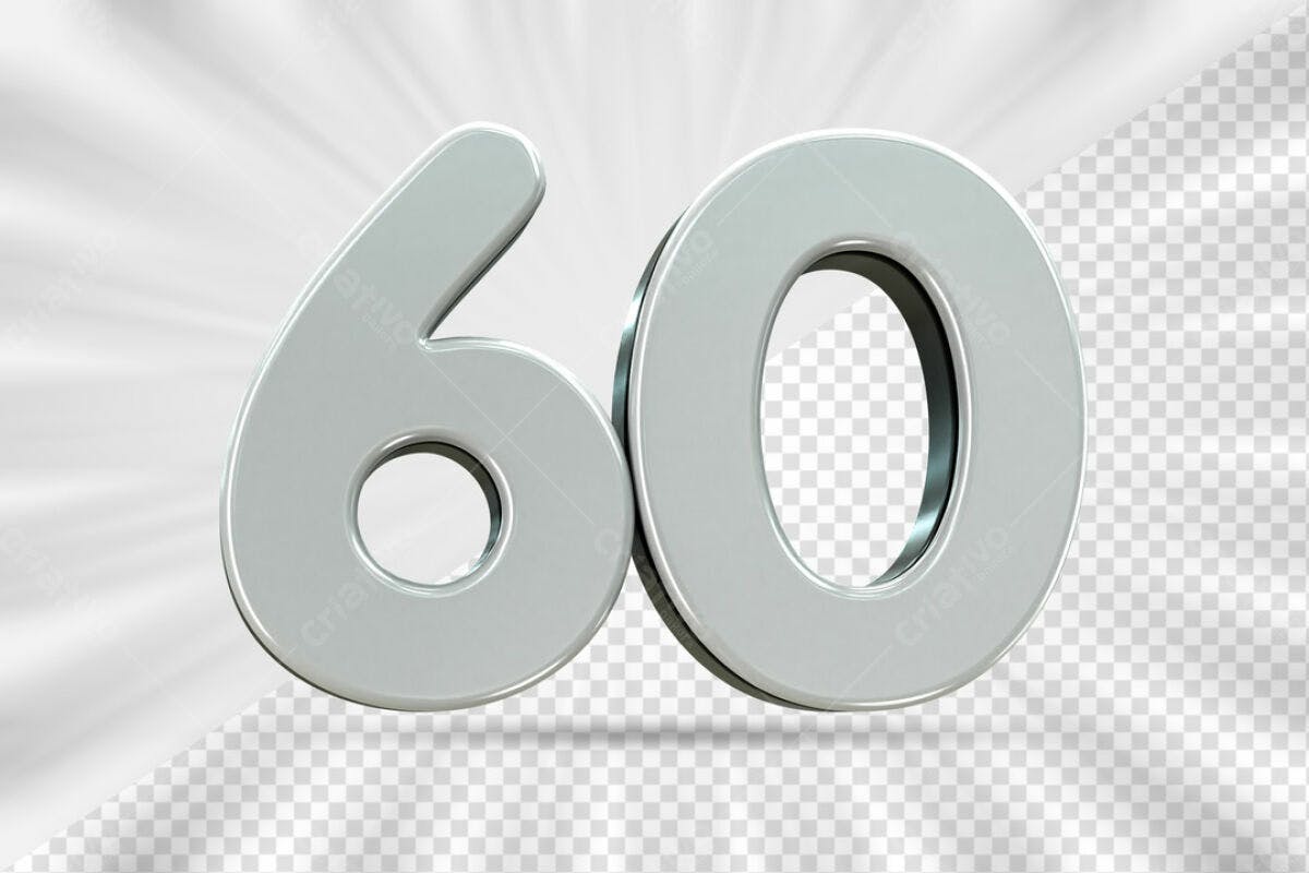 Número 60 em 3D Prata PSD Editável
