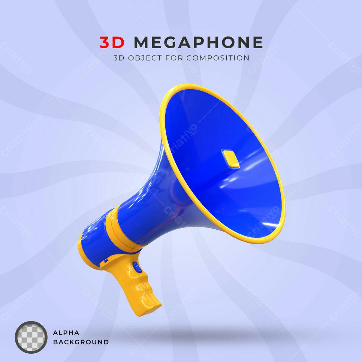 Megafone 3D Azul e Amarelo PSD Editável