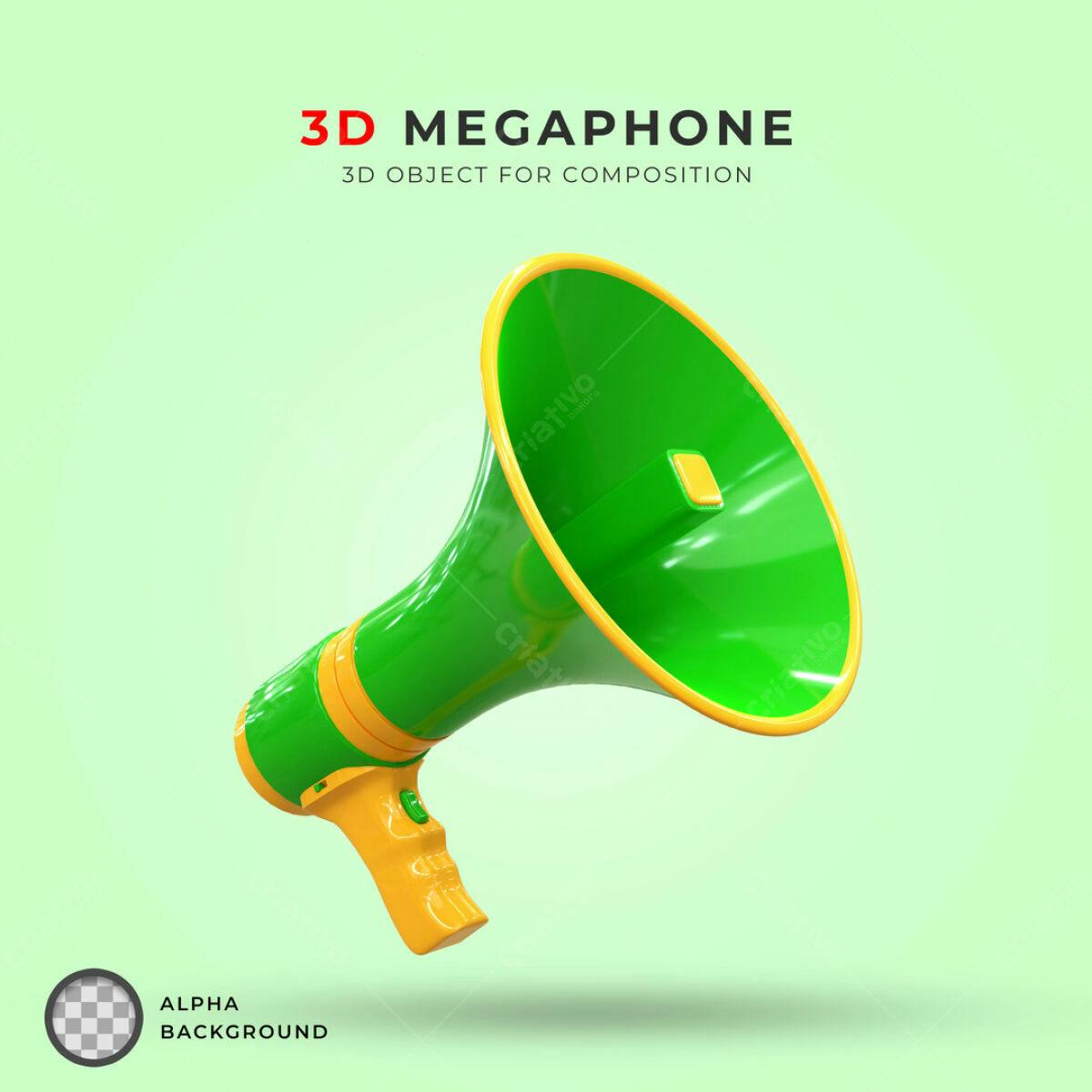 Objeto 3D Megafone Verde e Amarelo PSD Editável