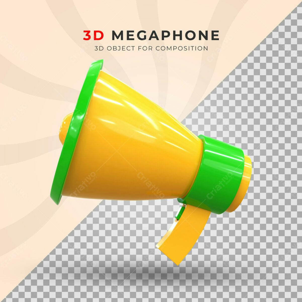 Objeto 3D Megafone Amarelo e Verde PSD Editável