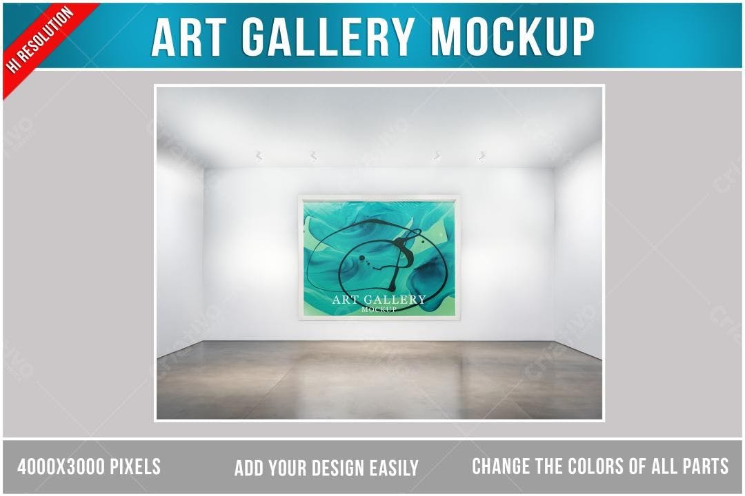 Mockup de Galeria de Arte Moderna com Pintura Abstrata em Azul e Verde