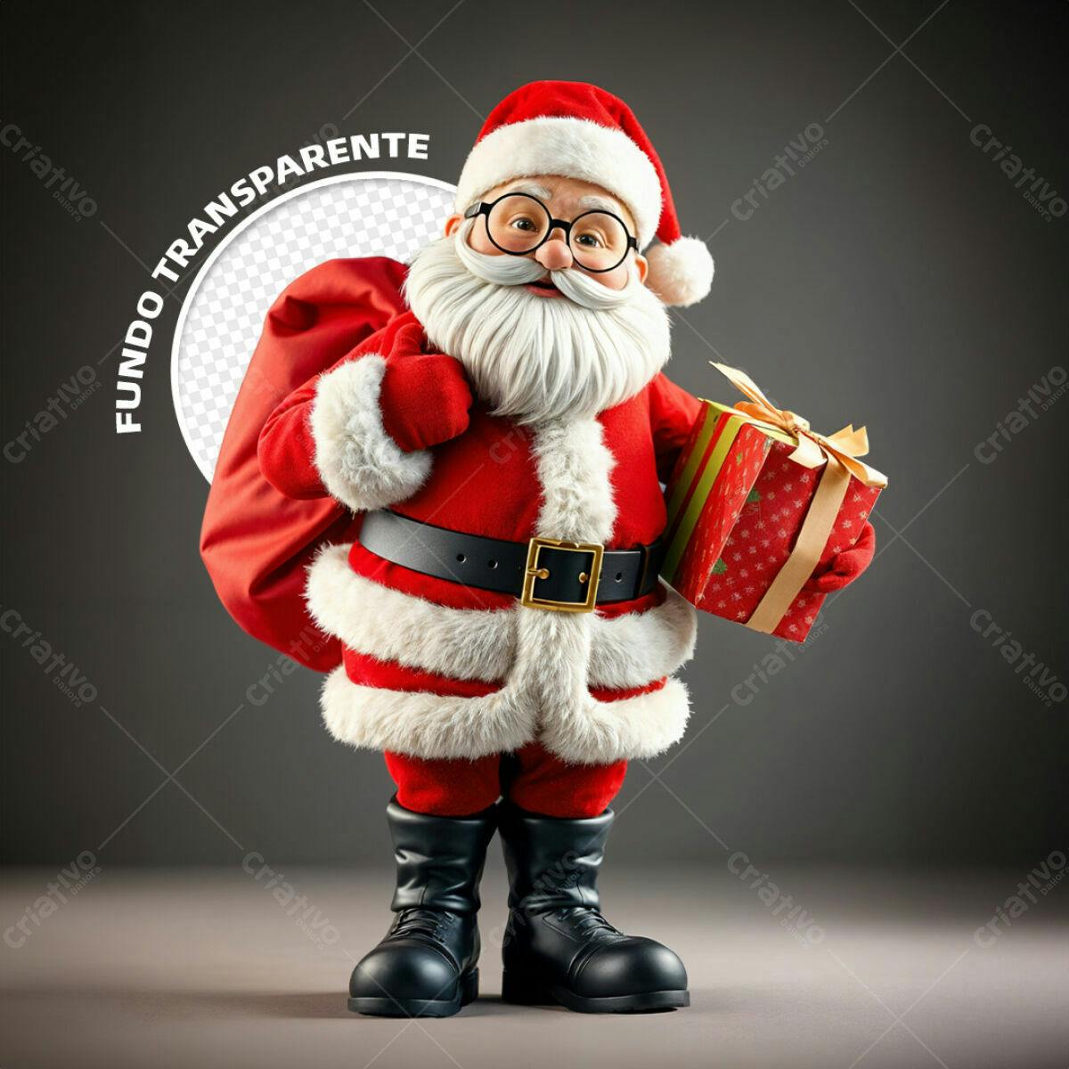 PSD Papai Noel Natalino com Presente e Fundo Transparente Editável