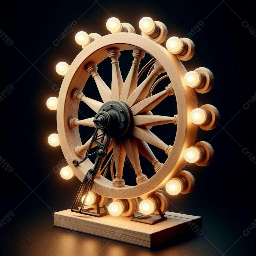 3D Wooden Wheel With Lamps On A Black Background