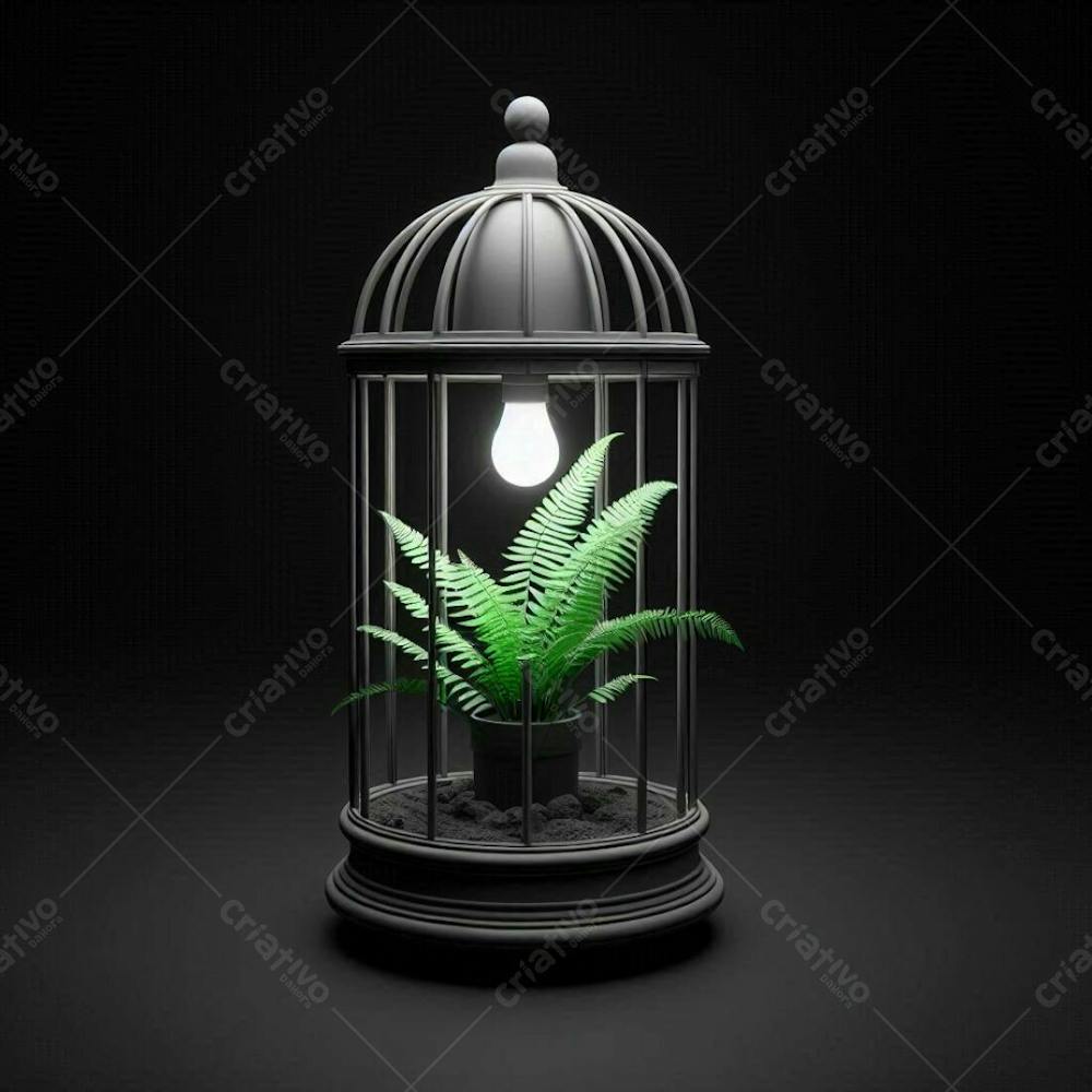 3D Lamp With A Plant Inside On A Solid Black Background