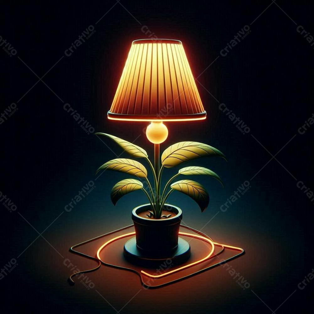 3D Lamp With A Plant On A Black Background In Png Format