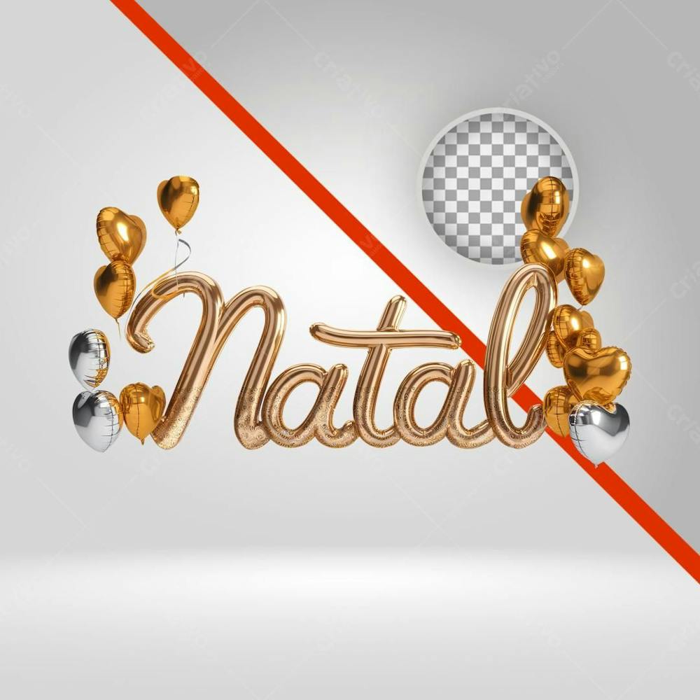 Texto 3D Natal, Balão Dourado, Letra 3D, Elemento Png, Flyer