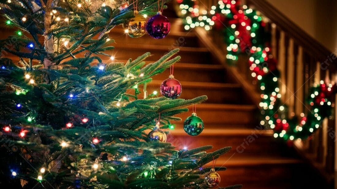 Árvore de Natal iluminada com enfeites