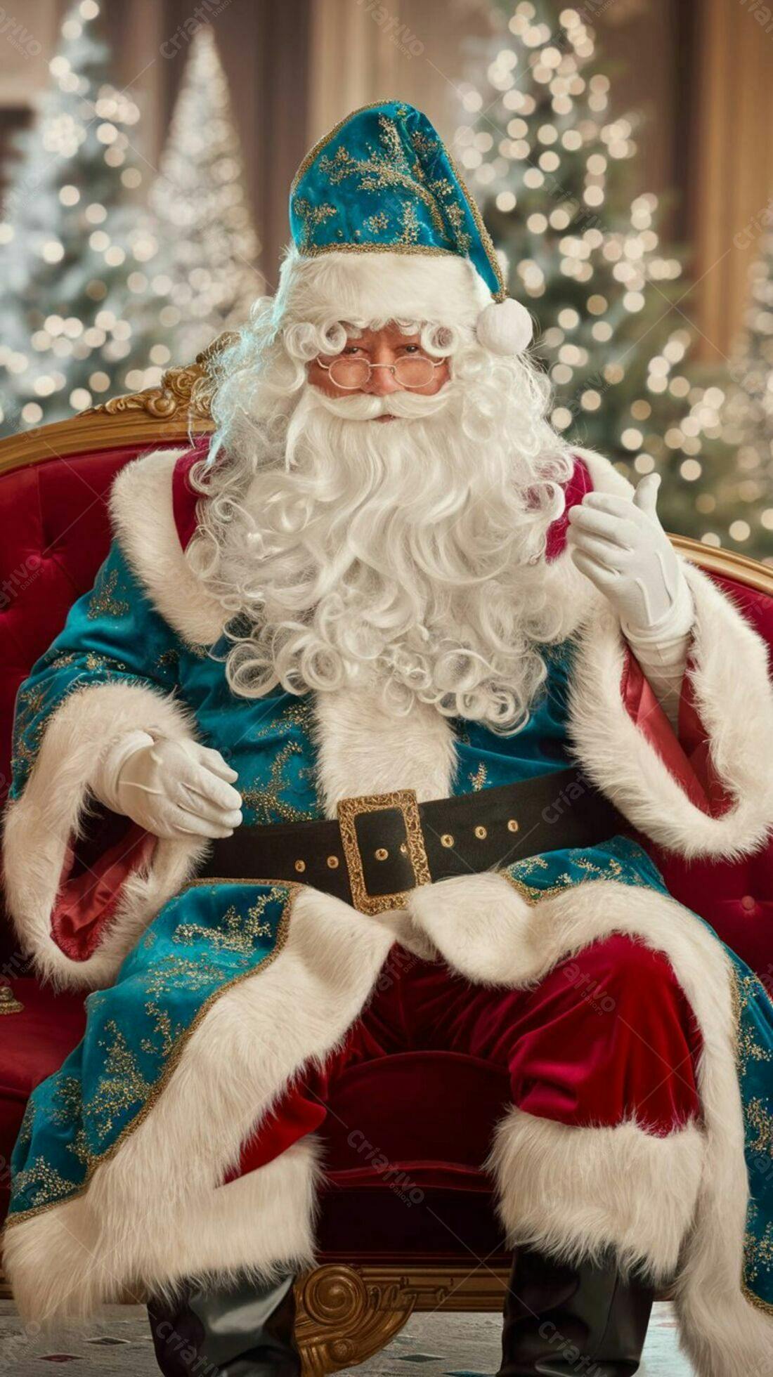 Papai Noel teal sentado em poltrona vermelha Natal