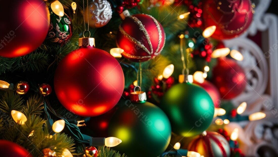 Enfeites vermelhos e verdes em árvore de Natal