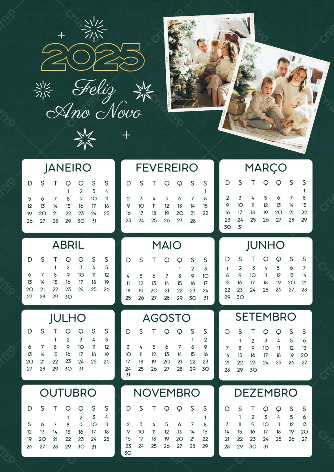 Calendário 2025 Família Fotos Verde e Dourado Editável no Canva