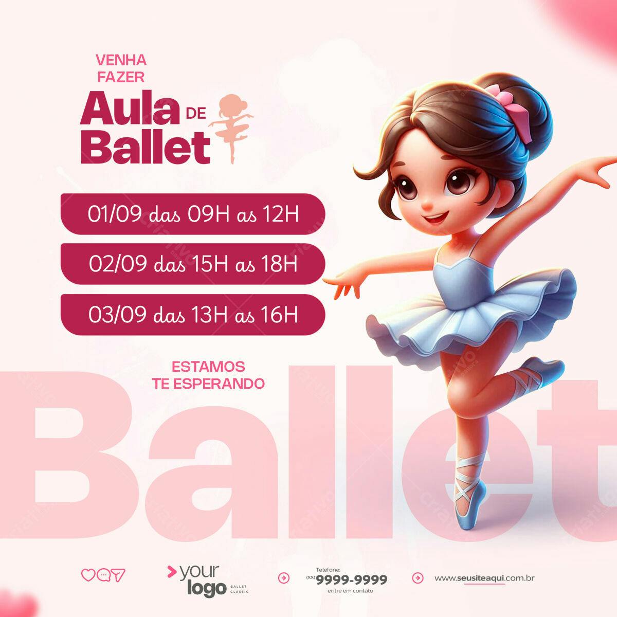 Flyer Aula de Ballet para Crianças PSD Editável