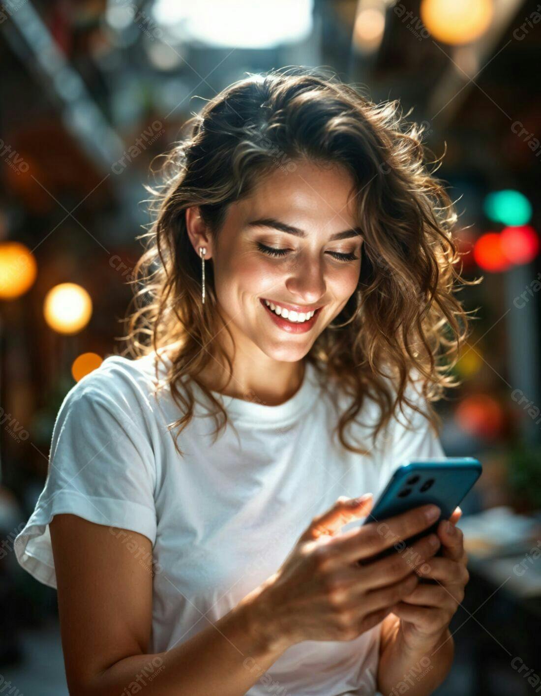 Mulher sorridente usando celular à noite