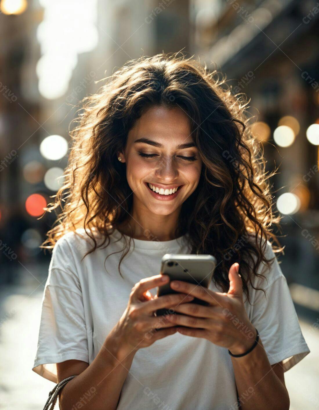 Mulher feliz usando celular na rua