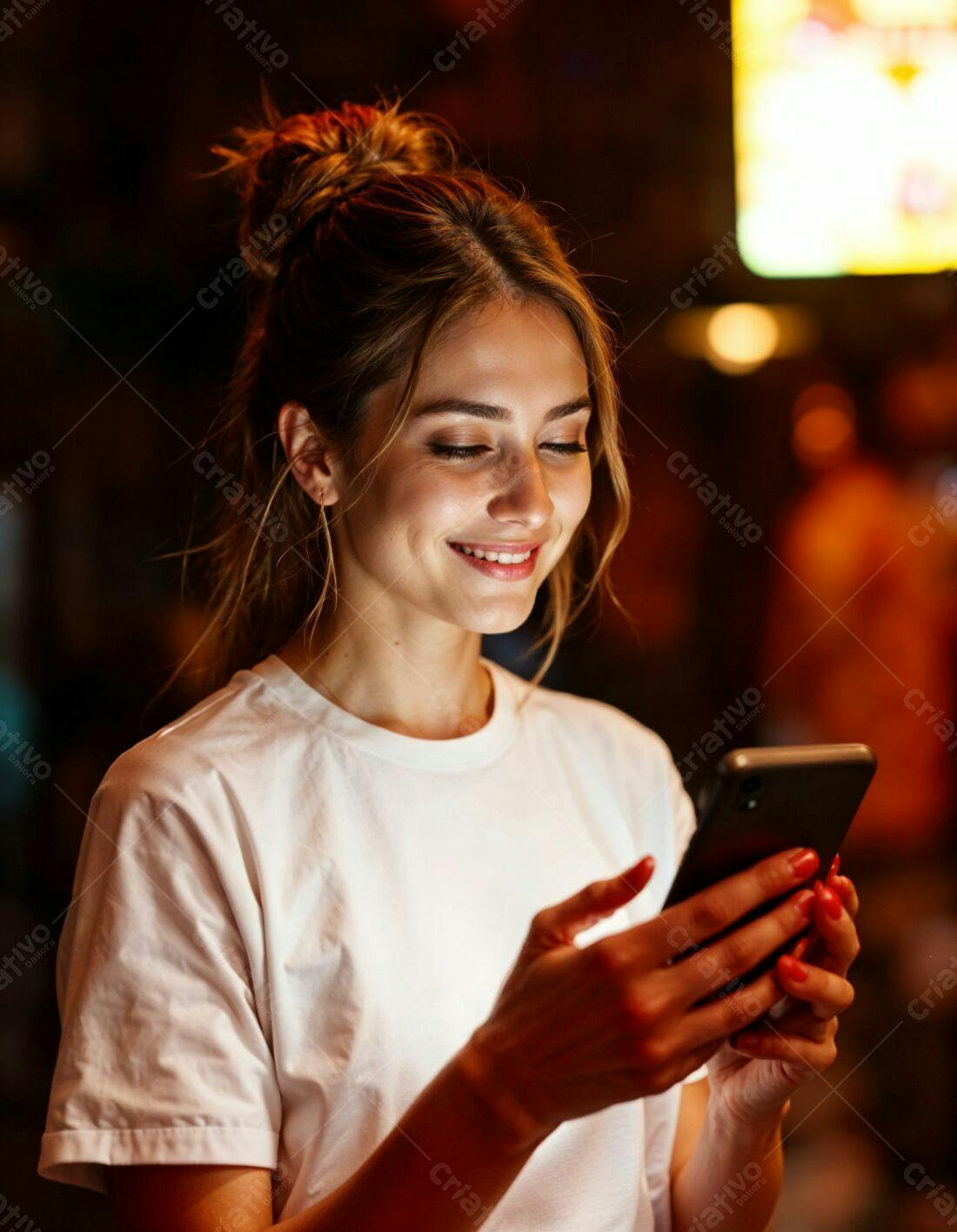 Mulher sorridente usando celular à noite