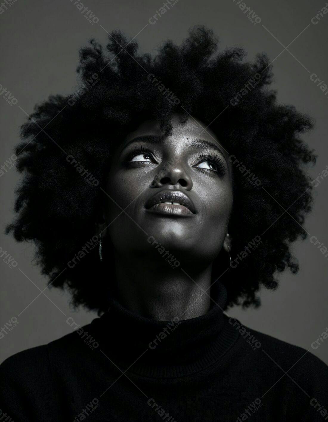 Retrato mulher negra cabelo afro olhar para cima