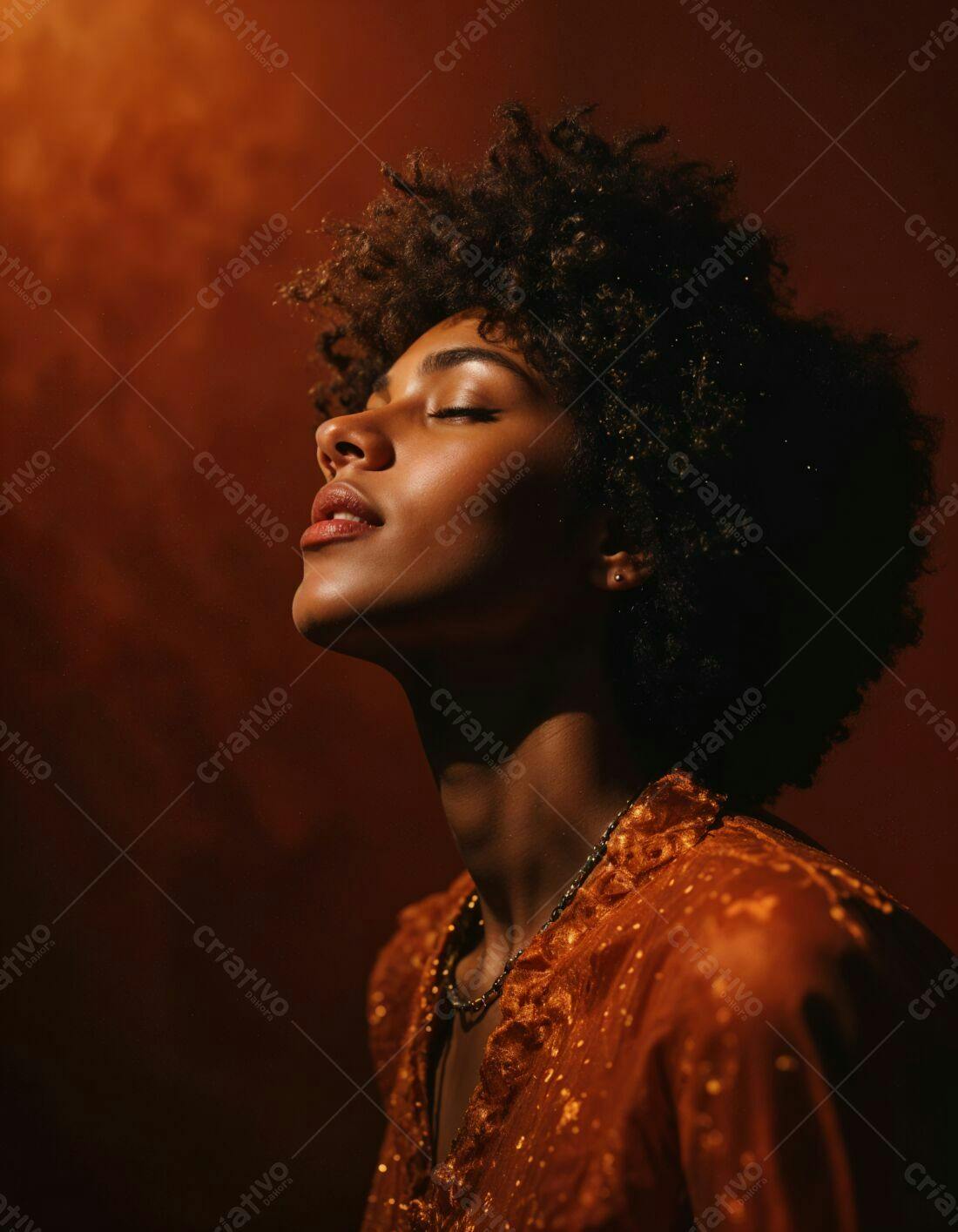 Mulher negra com cabelo afro olhos fechados
