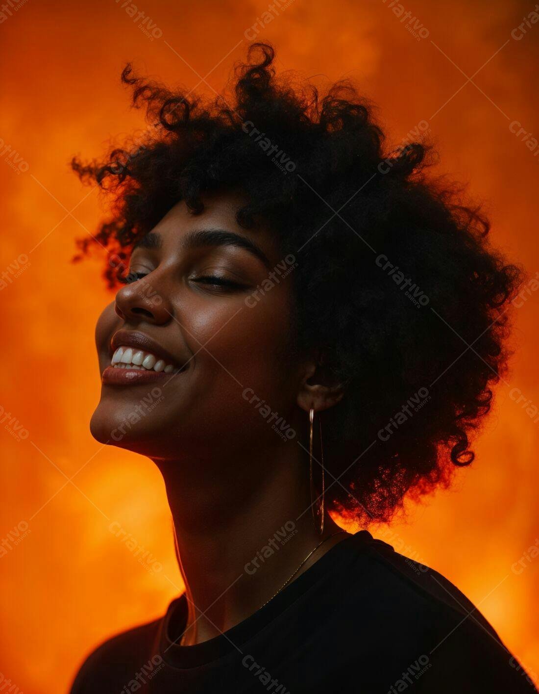 Mulher negra sorrindo fundo laranja