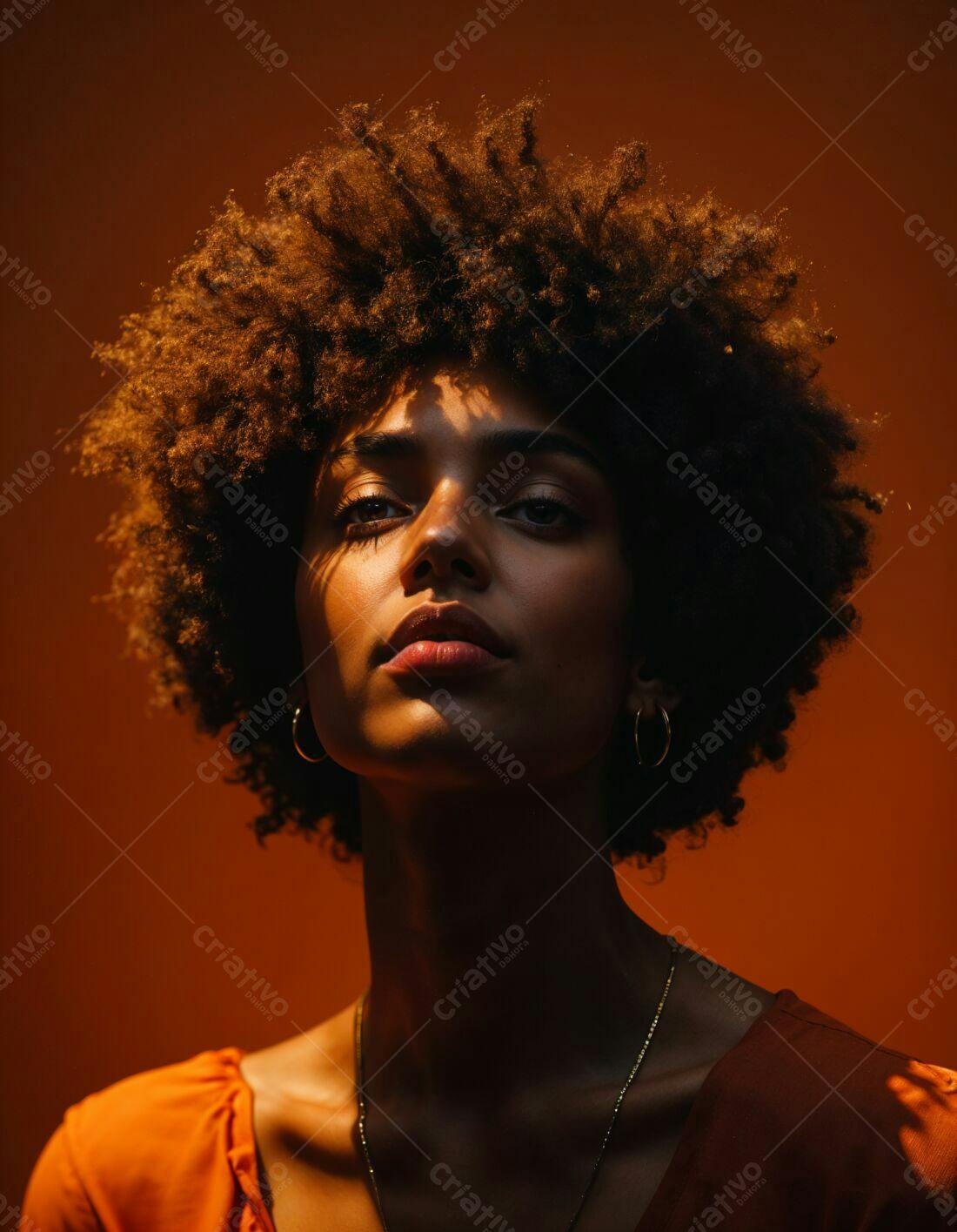 Retrato mulher negra cabelo afro iluminado laranja
