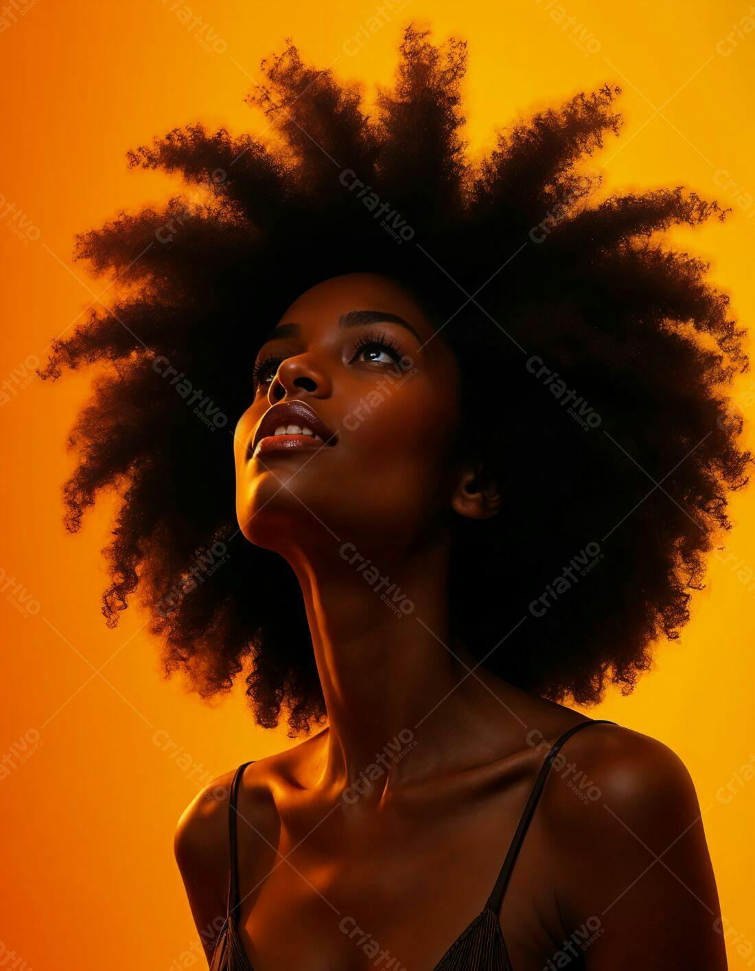Mulher negra com cabelo afro olhando para cima fundo laranja