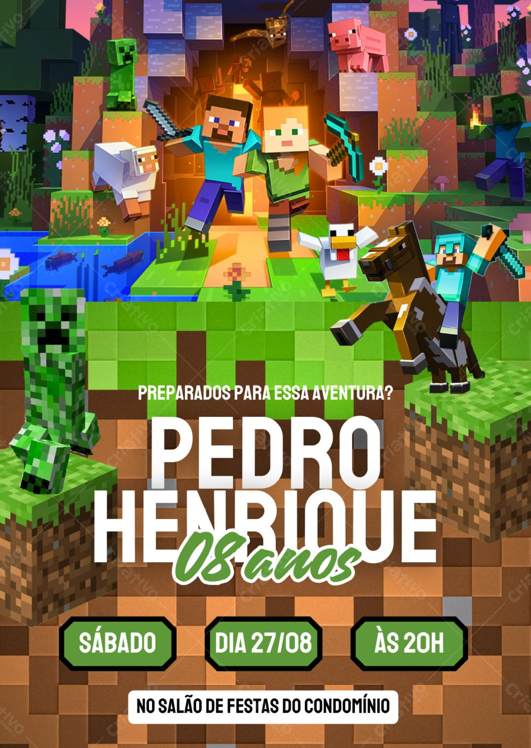 Convite de Aniversário Minecraft Aventura Editável no Canva