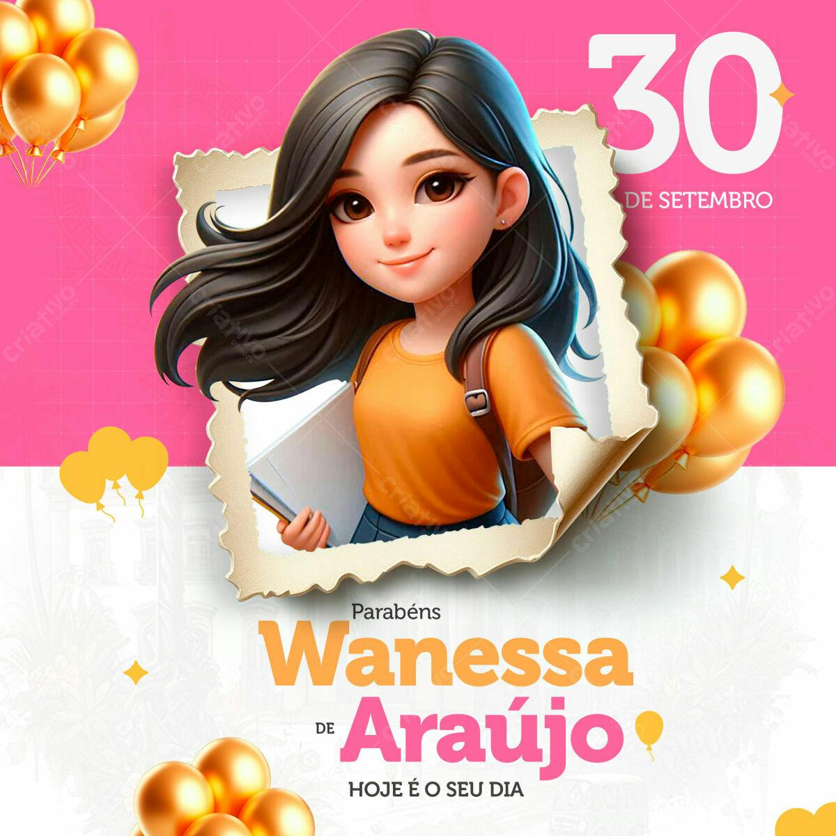 PSD para Aniversário com Balões Dourados e Estilo Cartoon