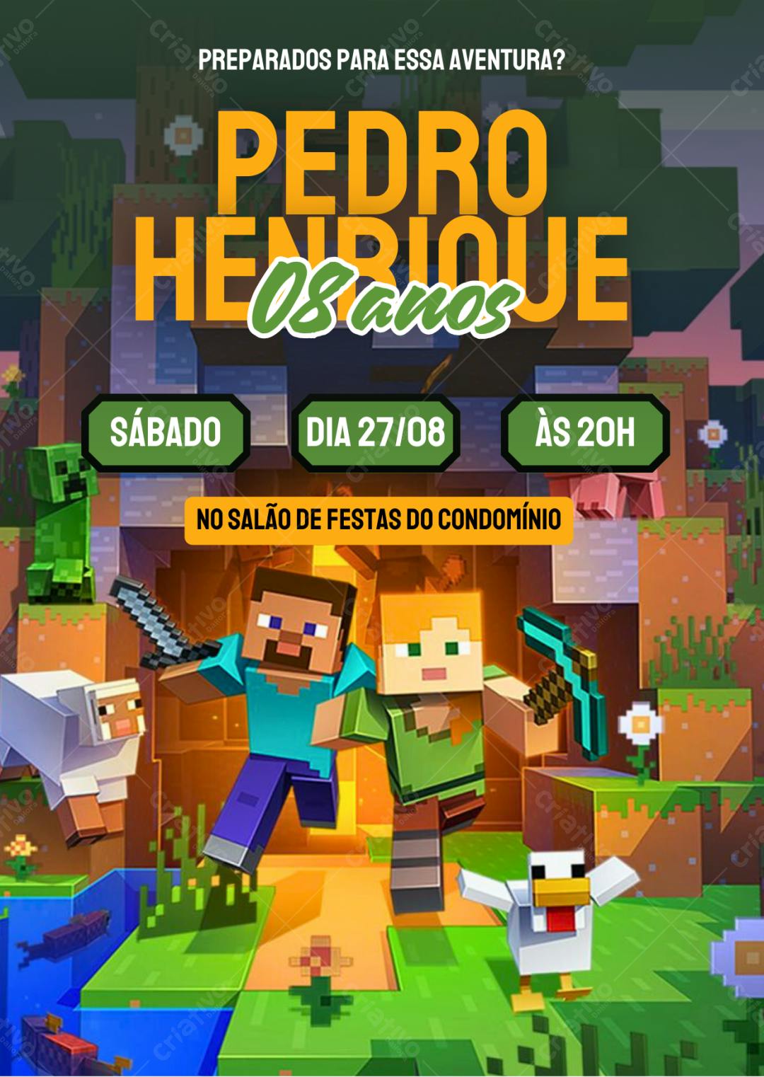 Convite de aniversário infantil Minecraft aventura Editável no Canva