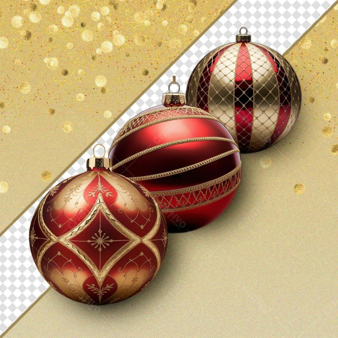 Enfeites de Natal Vermelhos e Dourados PSD Editável