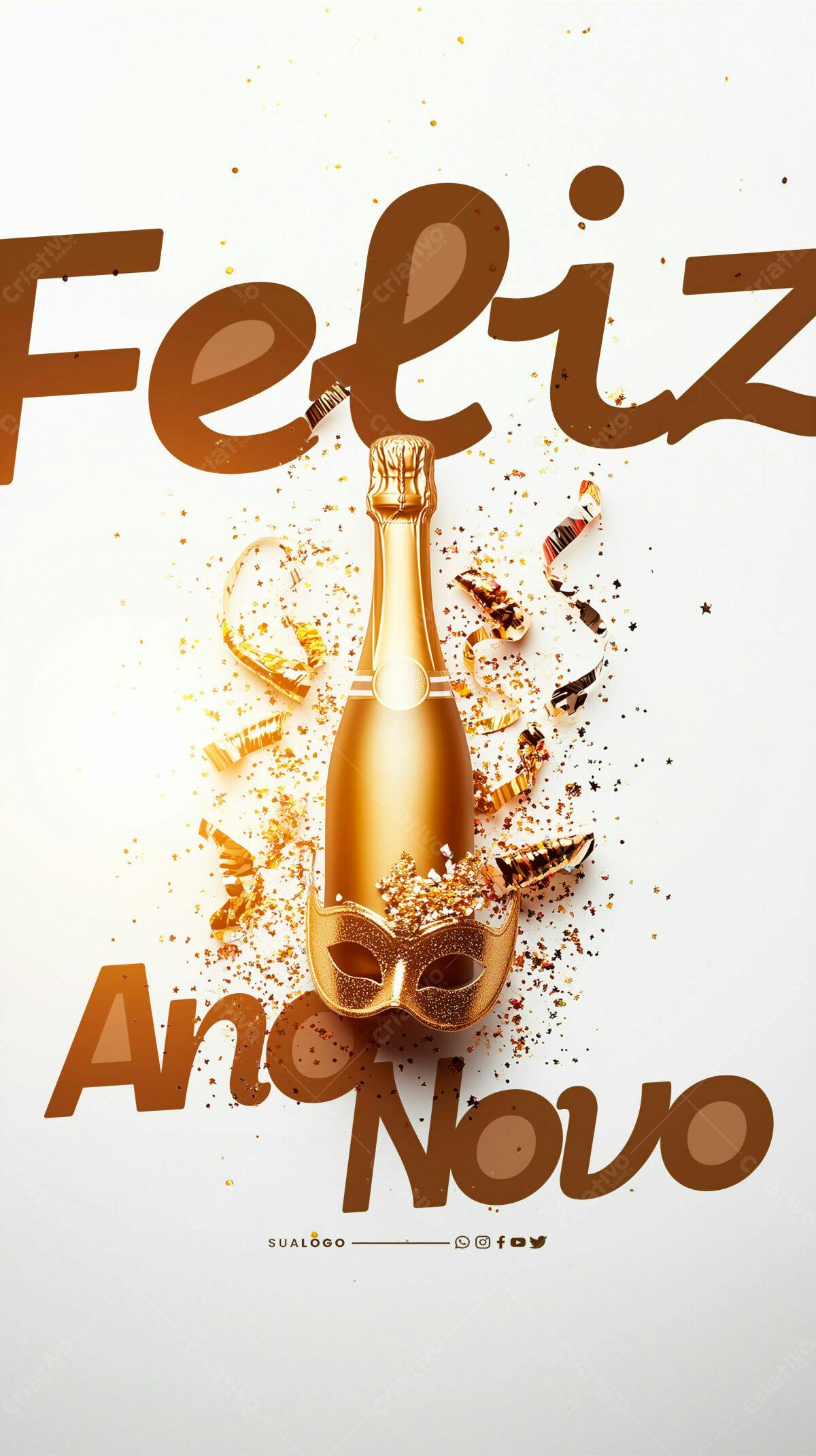 Flyer Feliz Ano Novo com Garrafa de Champanhe PSD Editável