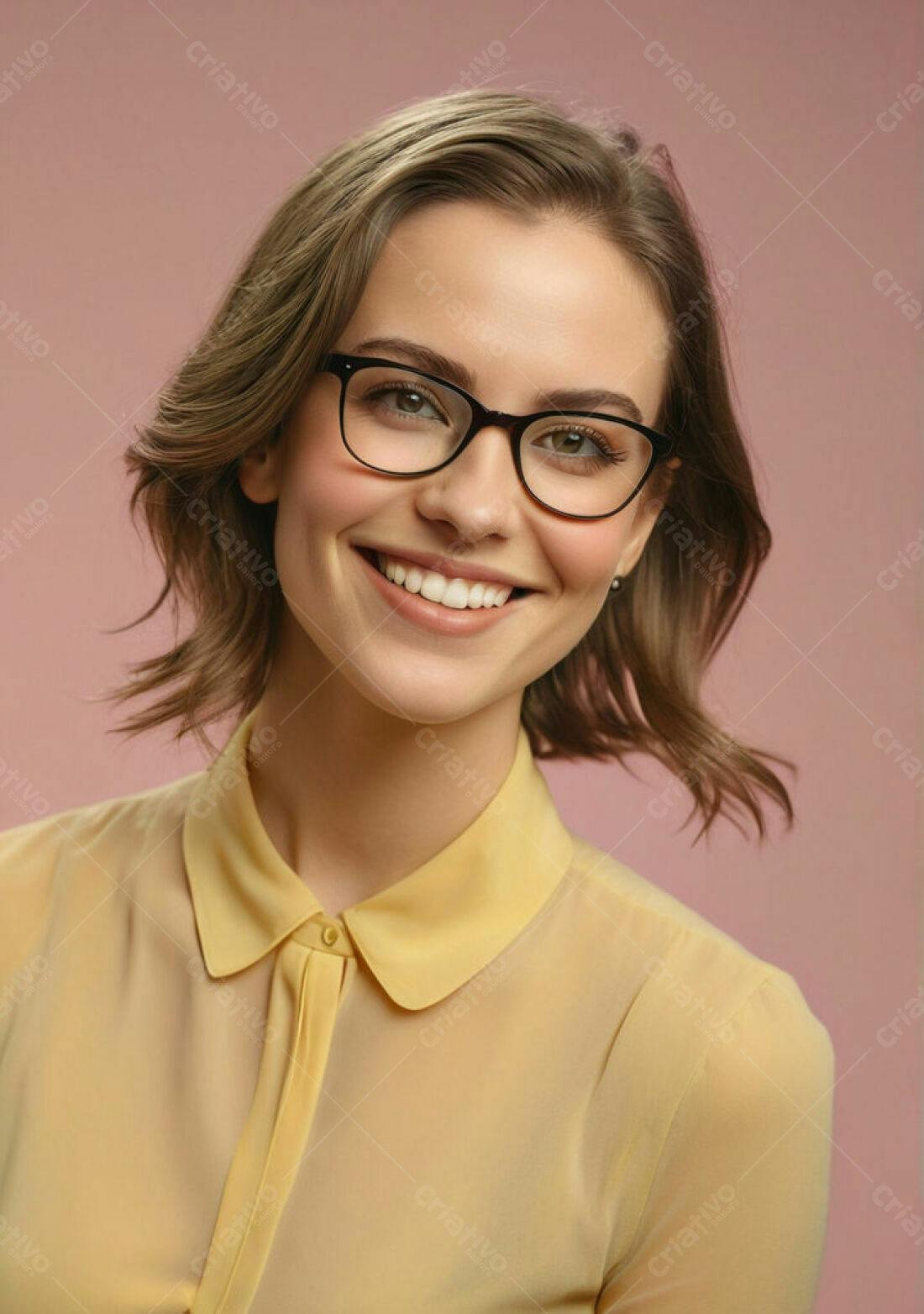 Mulher sorridente óculos amarelo fundo rosa