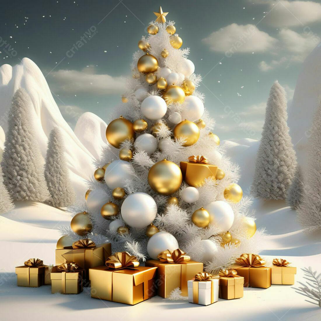 Árvore de Natal Branca e Dourada em Paisagem Nevada