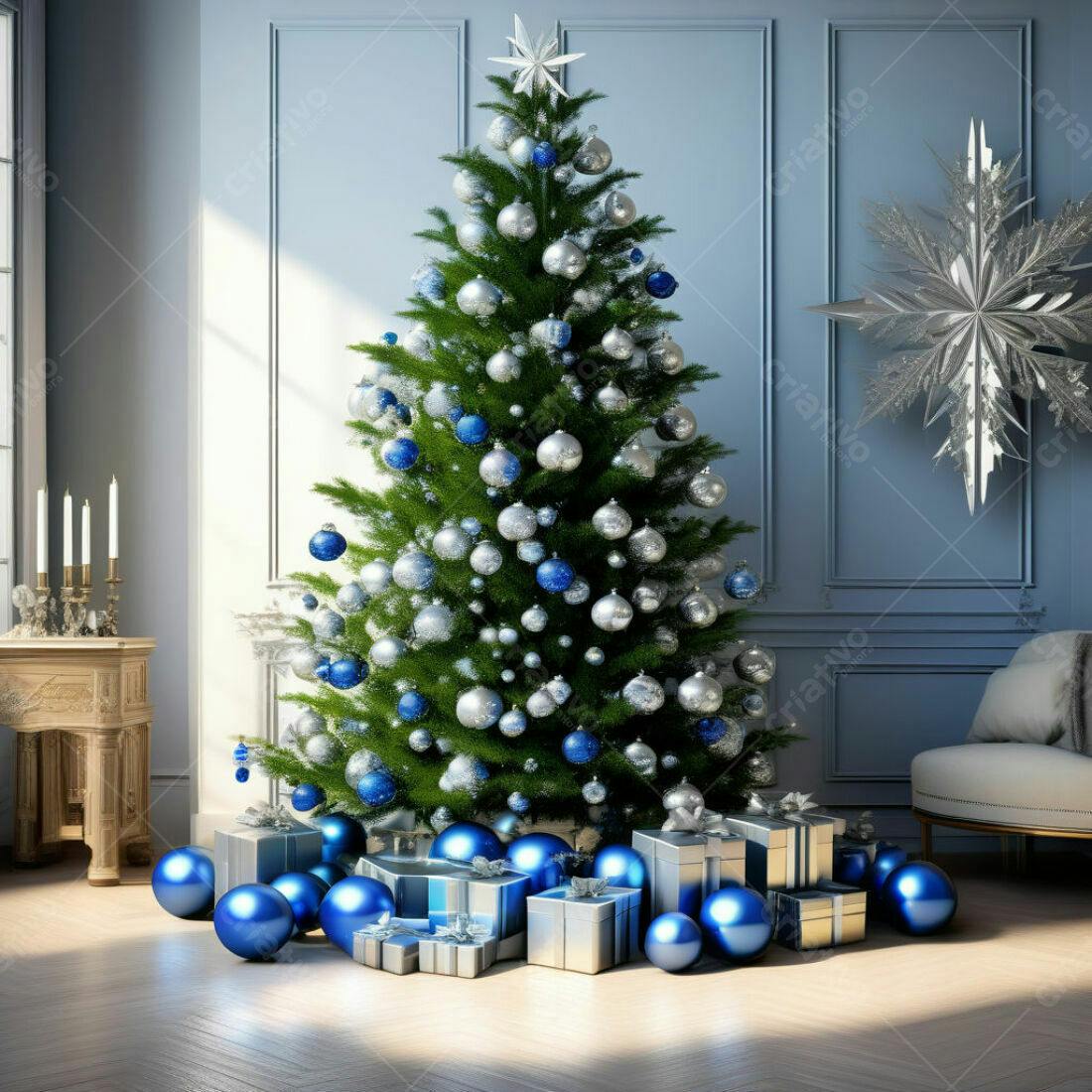 Árvore de Natal azul e prata com presentes