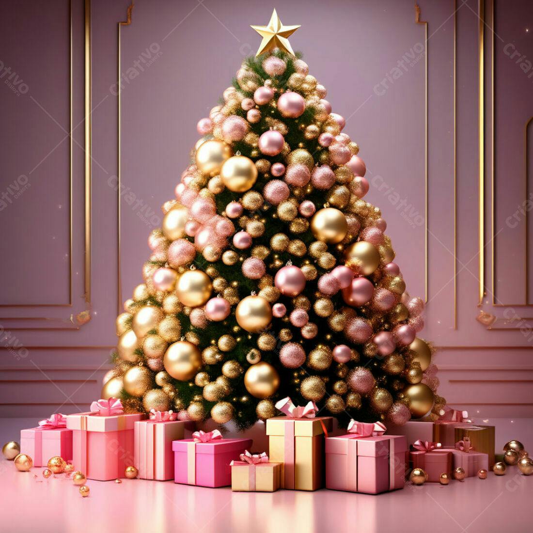 Árvore de Natal Rosa e Dourada com Presentes