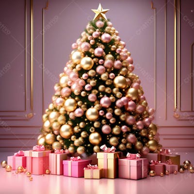 Arvore De Natal Rosa Dourada Presente Feliz Natal