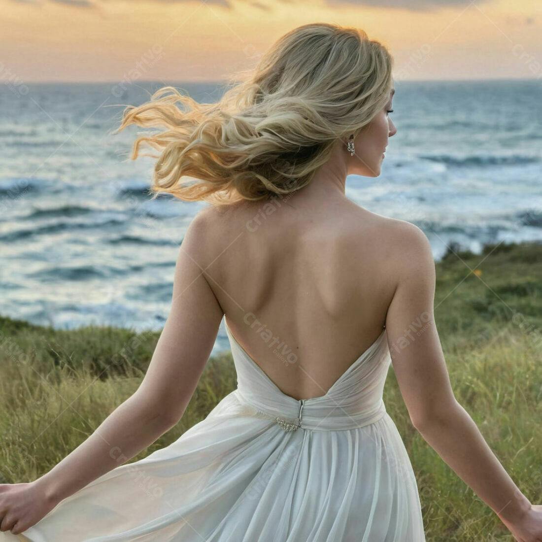 Mulher em vestido branco na praia ao pôr do sol