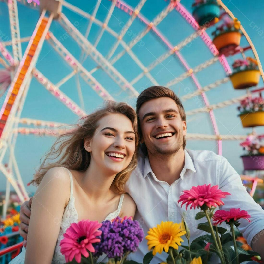Casal feliz em parque de diversões com flores