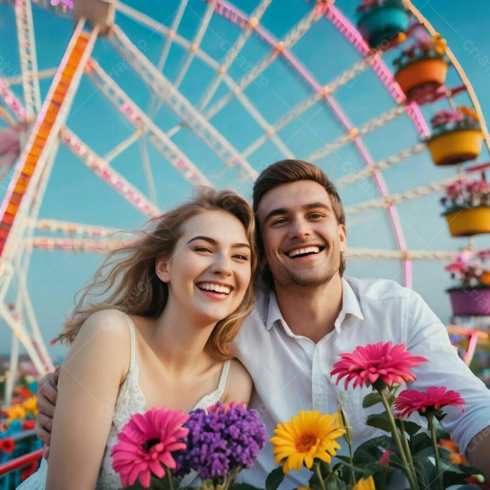 Casal Namorado Flores Roda Gigante Céu Azul