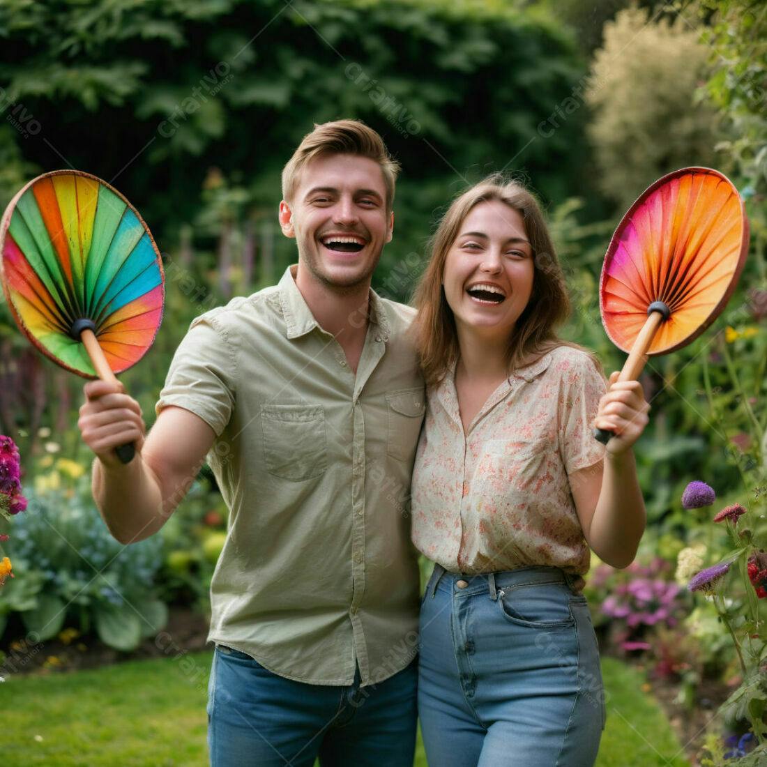 Casal feliz com leques coloridos em jardim