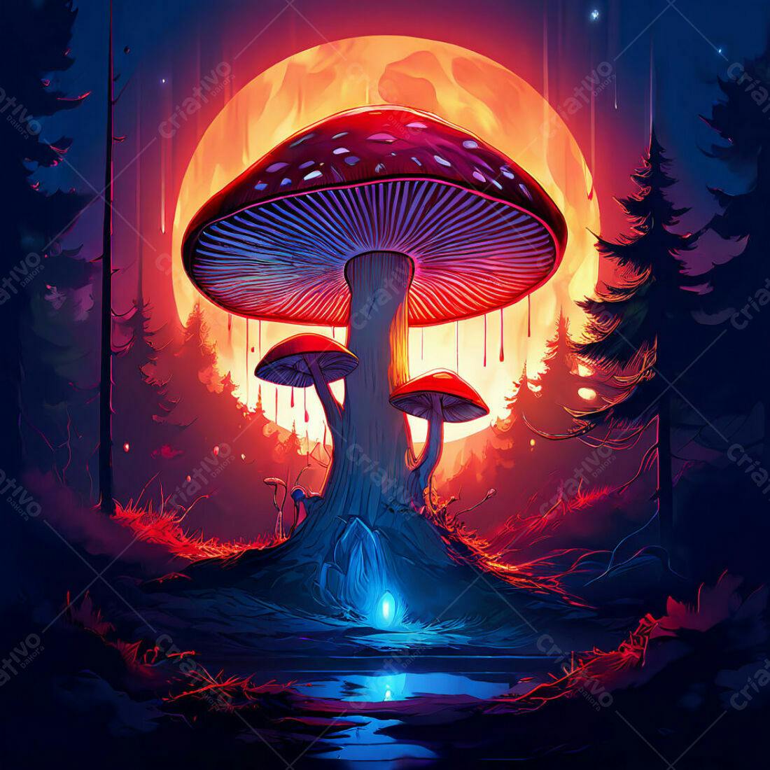 Cogumelos Gigantes em Floresta Noturna