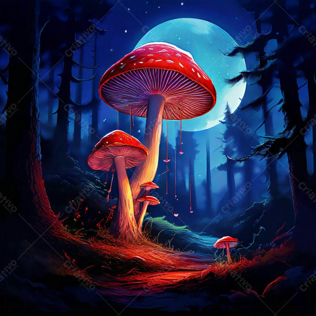 Cogumelos vermelhos iluminados em floresta noturna